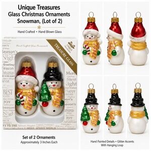 Unique Treasures Glass Christmas Ornaments Snowman Set of 2 Hand Blown 3 Inch